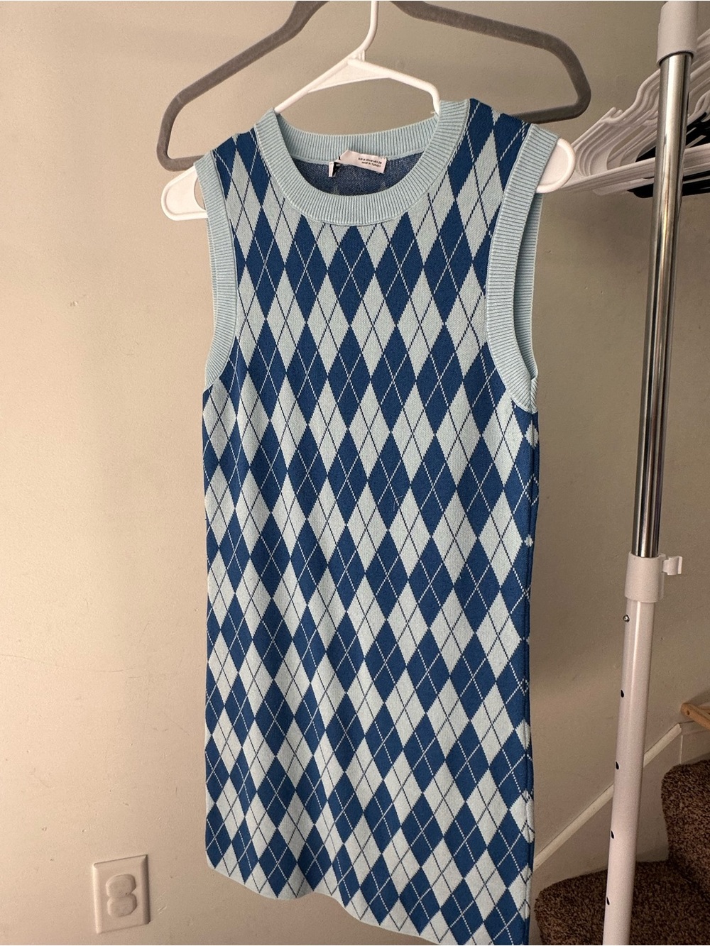 Zara Light Blue and Navy Argyle Knit Midi Dress
